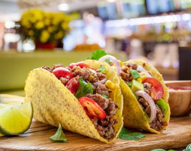 Tahta servis tahtasının yanında Meksika usulü et, tortilla ve limon dilimleri.. 