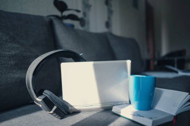 Evde dizüstü bilgisayarda çalışan mutlu ve güzel bir kadın. Dizüstü bilgisayar kabı ve kulaklık.