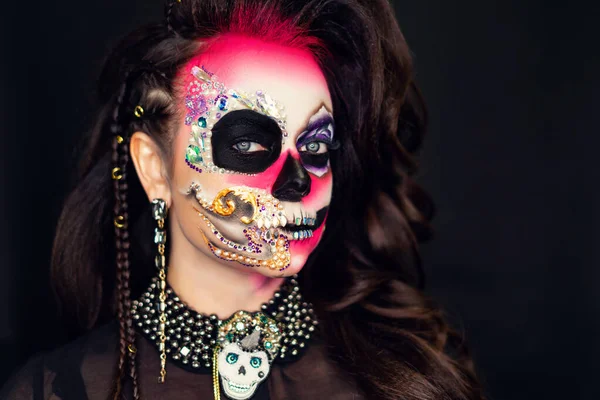 Chica Calavera Azúcar Sombrero Disparo Estudio —  Fotos de Stock