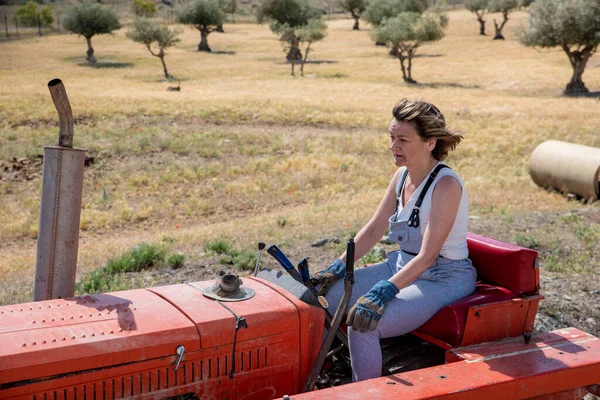 Farmer woman driving a tractor on her farm