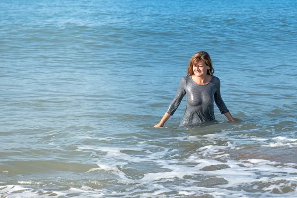 Woman Coming Out Sea Wet Dress Swim Beach — Stock Photo, Image