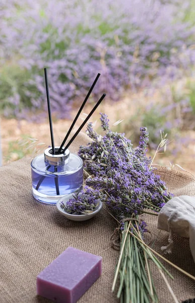 Lavender flower soap and perfume in the field