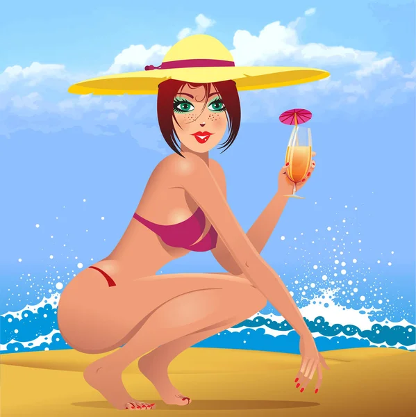 海滩上的妇女与热带鸡尾酒 — 图库矢量图片