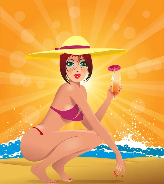 Mujer Playa Con Cóctel Tropical — Vector de stock