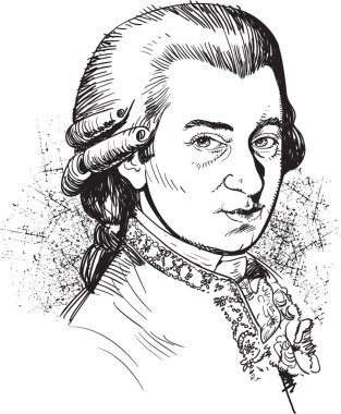 Wolfgang Amadeus Mozart portre. Çizgi roman tarzı resimde ünlü klasik müzisyen.