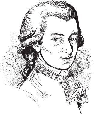 Wolfgang Amadeus Mozart portrait. Famous classic musician illustration in comic style.