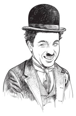 Charlie Chaplin (1899-1977) dikey çizgi sanat resimde. İngiliz comic aktör, film yapımcısı ve şöhret için sessiz film döneminde gül besteci yapıldı..