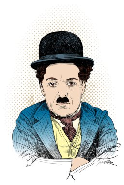 Charlie Chaplin (1899-1977) portrait in line art illustration. He was an English comic actor, film maker and composer who rose the fame in the era of silent movie. Editable layers. clipart