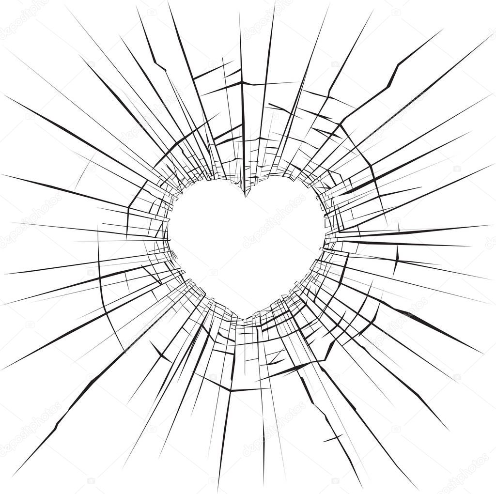 Vector illustration of cracks on broken glass on heart pattern