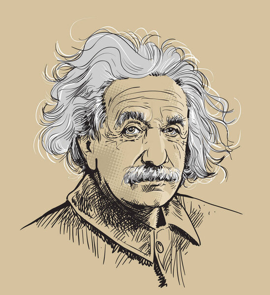 Albert Einstein portrait in line art illustration. Albert Einstein (1879-1955) was a German-born theoretical physicist who developed the theory of relativity, one of the two pillars of modern physics. 