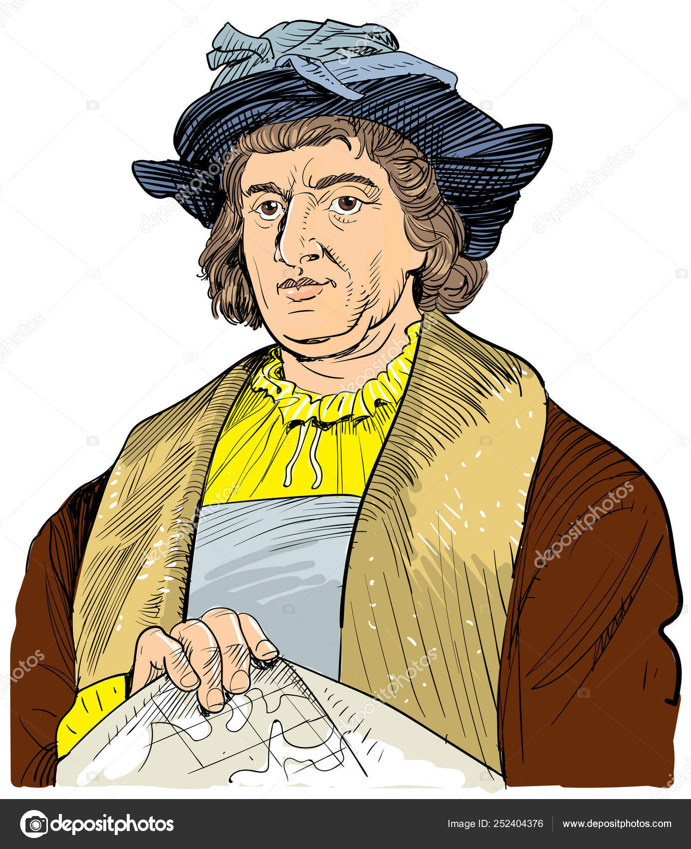 Christopher Columbus colored portrait in line art illustration Stock