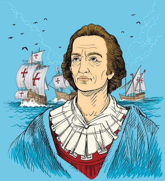 Christopher Columbus renkli dikey çizgi sanat çizimde. — Stok Vektör