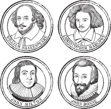 Famous medieval time English poets, playwrights portraits stamp set in line art clipart