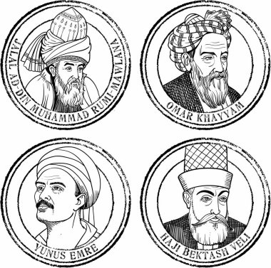 İslam filozofları portreler pul seti, illüstrasyon