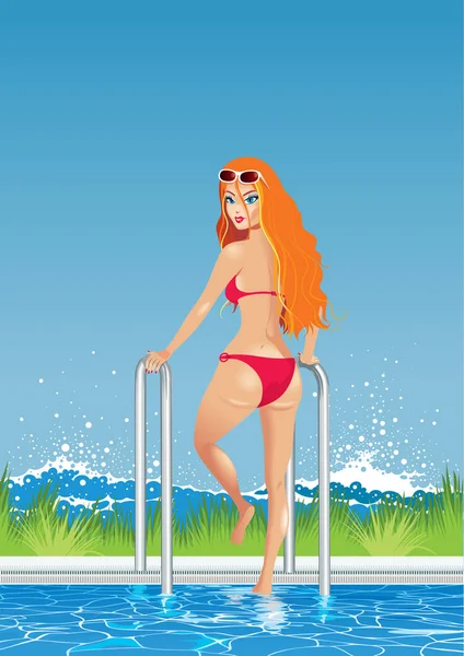 Yüzme havuzundaki kız, illüstrasyon — Stok Vektör