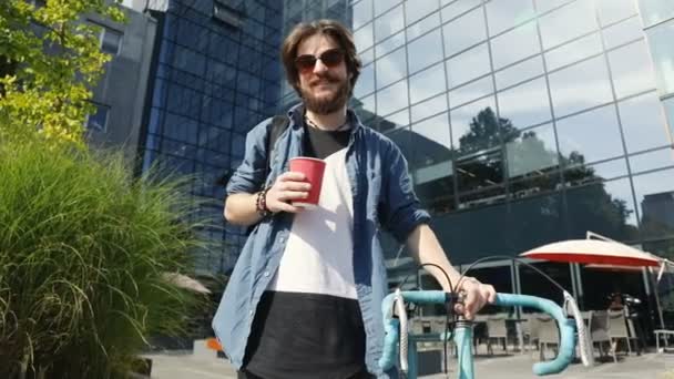 Employee with Bike and Coffee — Stock Video