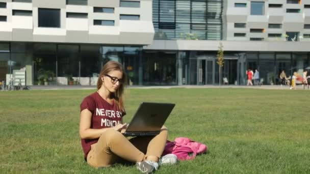 Frau arbeitet auf Gras — Stockvideo