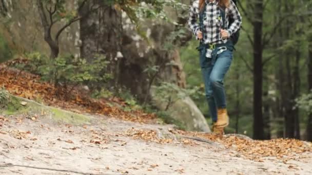 Sac à dos femme à travers les montagnes — Video