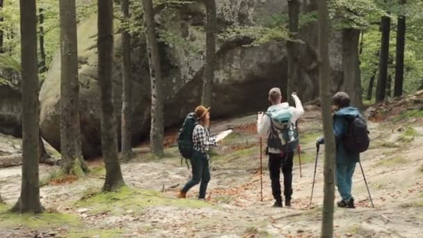 Backpackers πηγαίνουν κάτω από το λόφο — Αρχείο Βίντεο