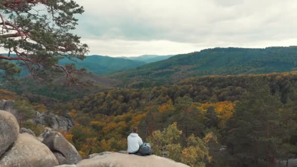 Hombre disfruta de paisaje de montaña — Vídeos de Stock