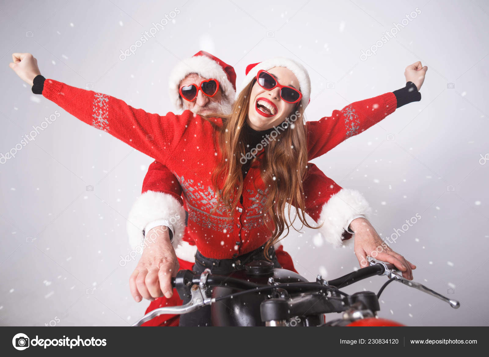 Santa Claus And Young Claus Riding A The Motorcycle — Stock