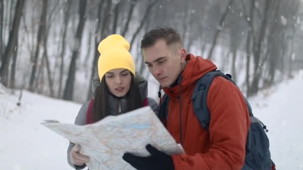 Pár, čtení mapy v lese — Stock video
