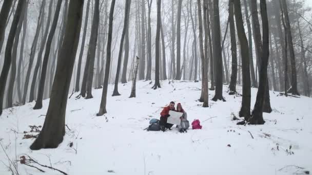 Paar liest im Wald die Landkarte — Stockvideo