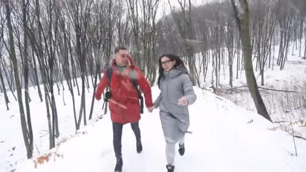 Couple heureux courant dans la forêt ensemble — Video