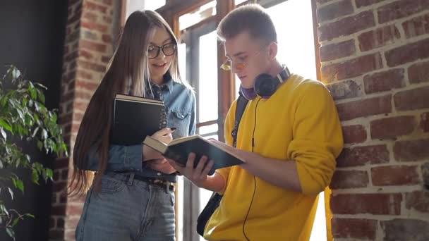 Twee studenten onder discussie over notities — Stockvideo