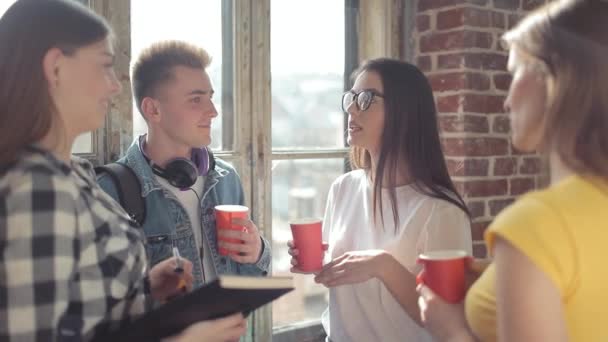 Groep vrienden drinken en praten — Stockvideo