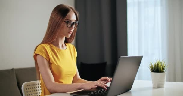 Mujer trabaja en el ordenador portátil — Vídeos de Stock