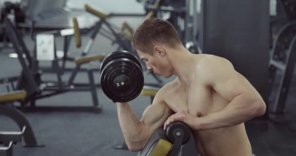 Man gör biceps lyft skivstång — Stockvideo