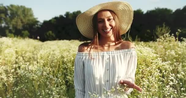 Portrait of Happy Woman With Flowers — Stock Video