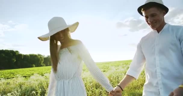 Adorável casal caminhando no Sunset Field — Vídeo de Stock