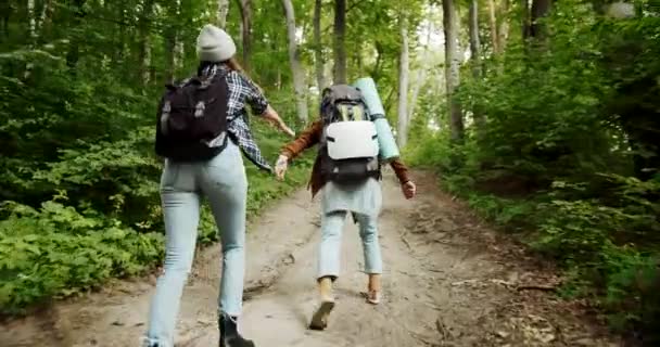 Pareja de turistas con mochilas corriendo — Vídeos de Stock