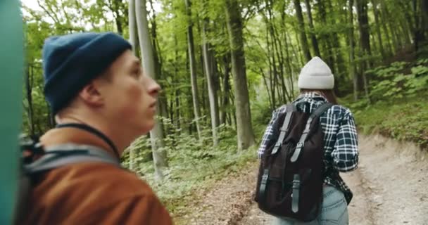 Turistas mochila andando em Forest Backview — Vídeo de Stock