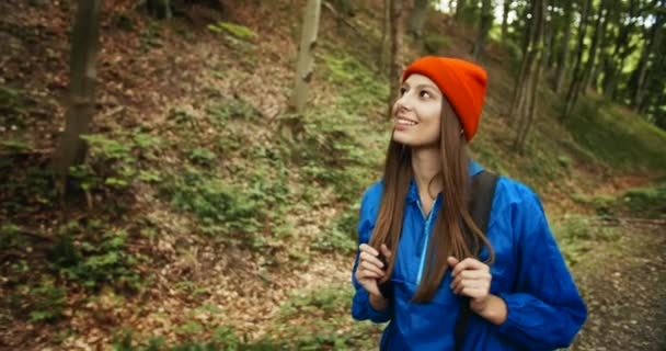 Kvinna med ryggsäck promenader i skogen — Stockvideo