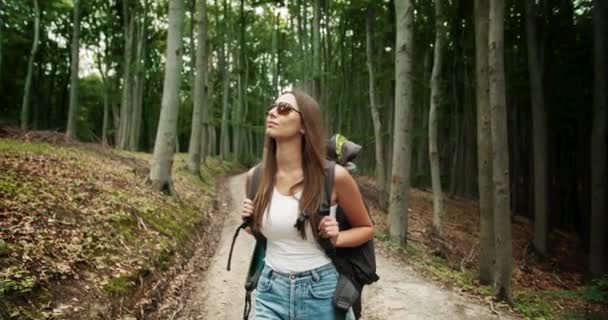 Женщина в рюкзаке, гуляющая в лесу — стоковое видео