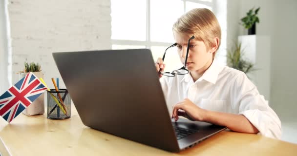 Молодий хлопчик навчається на ноутбуці — стокове відео