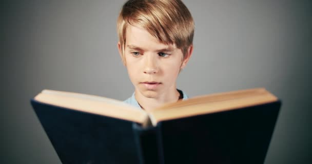 Focused Boy Reading Book Isolated — Stock Video