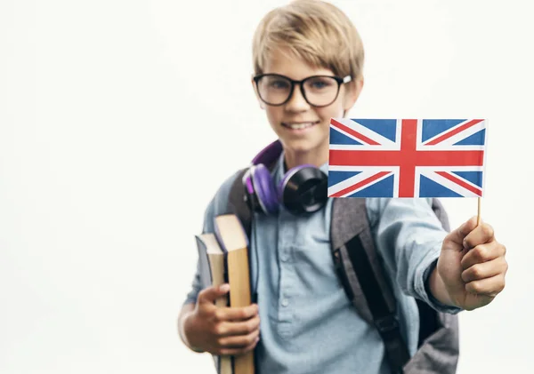 Schoolboy demonstrálása brit zászló — Stock Fotó