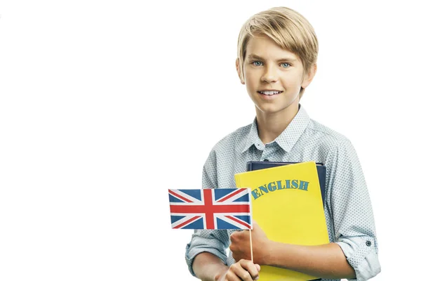 Kid Holding Bandeira e livros britânicos — Fotografia de Stock