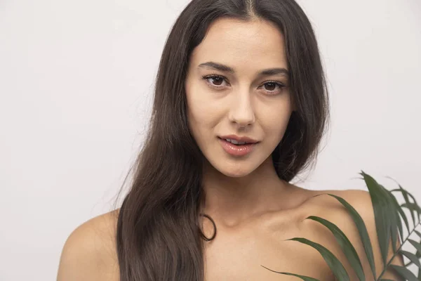 Jovem Morena Beleza com Sprig Verde — Fotografia de Stock