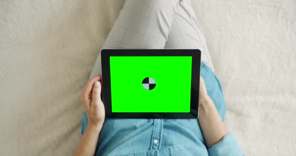 Woman Holding Tablet Chromakey Top View — Stock Video