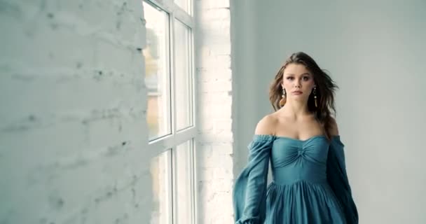 Weibliches Modell zu Fuß in Studio-Fotosession — Stockvideo
