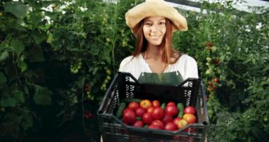 Gülümseyen Kadın Serada Kutu Domates Tutuyor