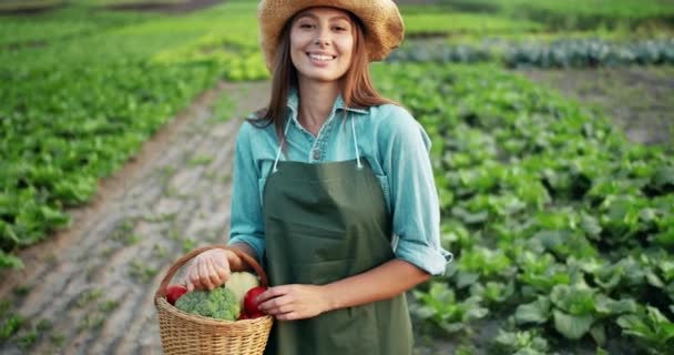 Kvinna som går på plantage med grönsaks korg — Stockvideo