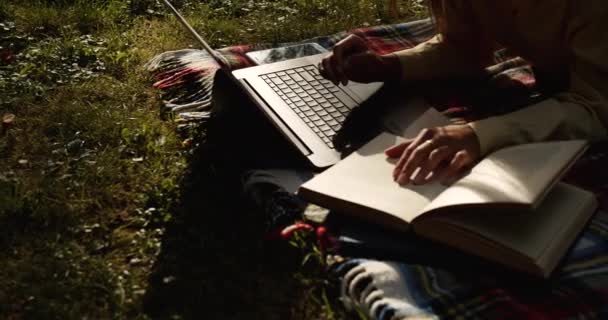Женщина, печатающая на ноутбуке в парке Contrast Light — стоковое видео