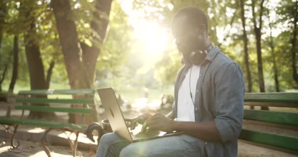 Чоловік працює на ноутбуці в парку захід сонця — стокове відео