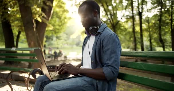 Man werkt op laptop in Park Sunset — Stockvideo